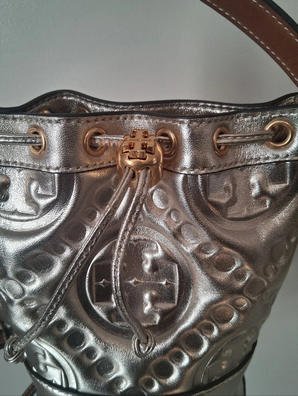 Tory Burch Mini T Monogram Metallic Bucket Bag